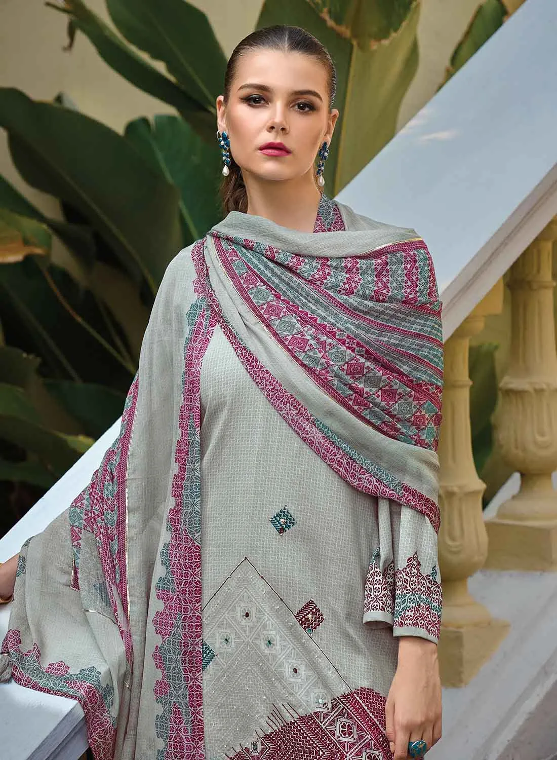 Women's Latest Grey Unstitched Lawn Cotton Salwar Suit Material